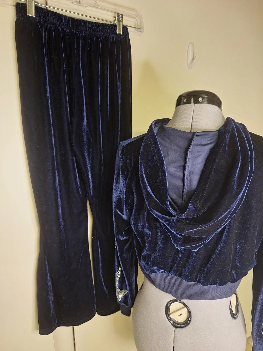Navy Velvet Rhinestone Flame Hoodie & Bootcut Pants Set Size 12 Youth